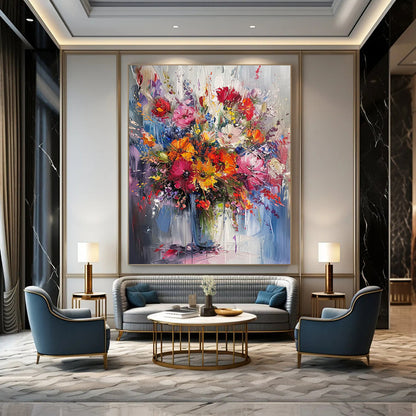“Colorful Floral Explosion” - Multicolor Floral Painting On Canvas DTP260