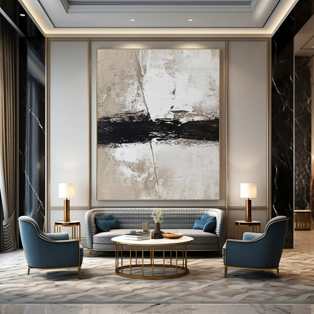 “Beige, White & Black Textured Abstract Strokes” Painting On Canvas DKH0976