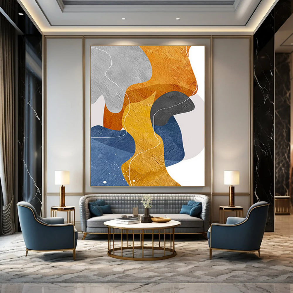 “Color Block Pathways” - Gray, Orange, Yellow & Blue Abstract Shapes Painting On Canvas DKH1550