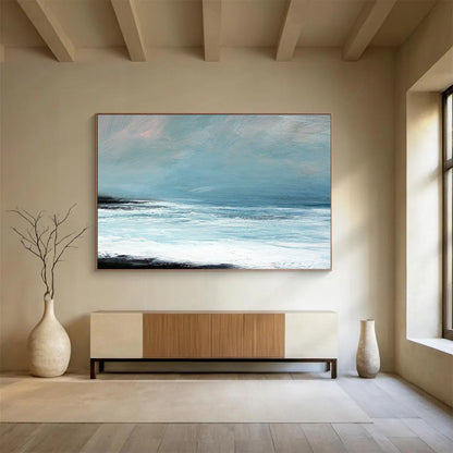 “Light Blue, White, Calm Ocean ‘Serene Seaside Hush’” - Minimalist Seascape Painting On Canvas DLZ032