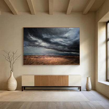 “Dark Stormy Sky Over Fields” - Powerful Landscape Painting On Canvas DKH779