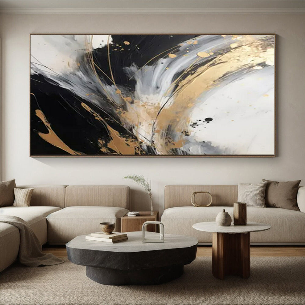 “Black - White - Gold Swirling Textures” ，Abstract Acrylic Painting CT0847