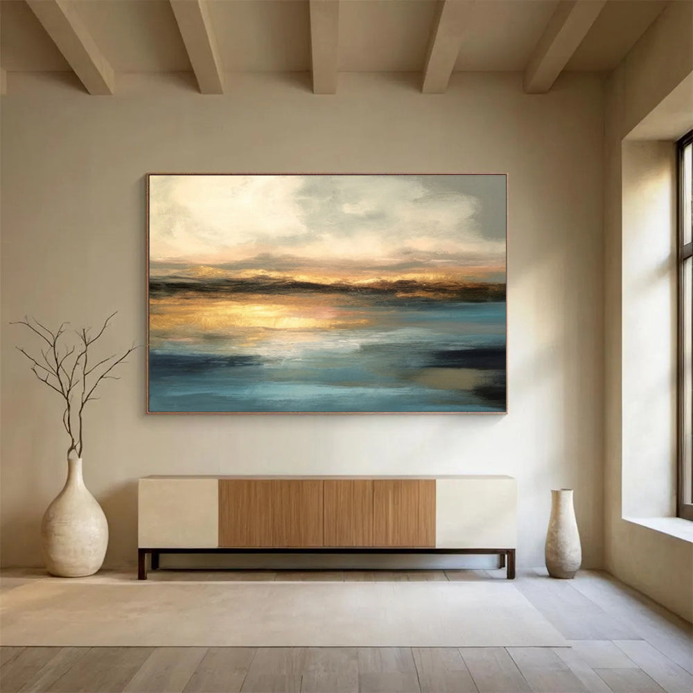 “Golden Sunset Reflection” Abstract Landscape Painting On Canvas DKH340