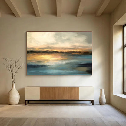 “Golden Sunset Reflection” Abstract Landscape Painting On Canvas DKH340