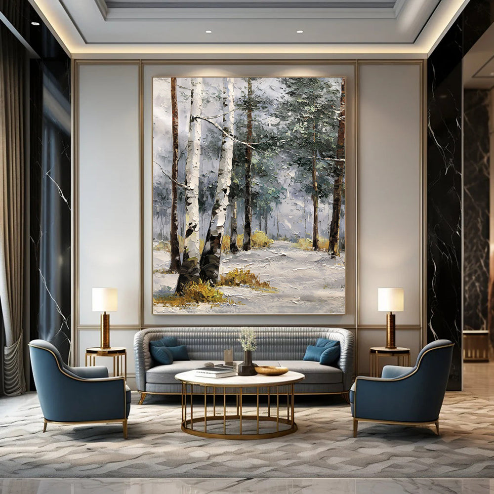 Frosty Forest Path in Cool Tones - Winter Landscape Painting On Canvas DKH1283