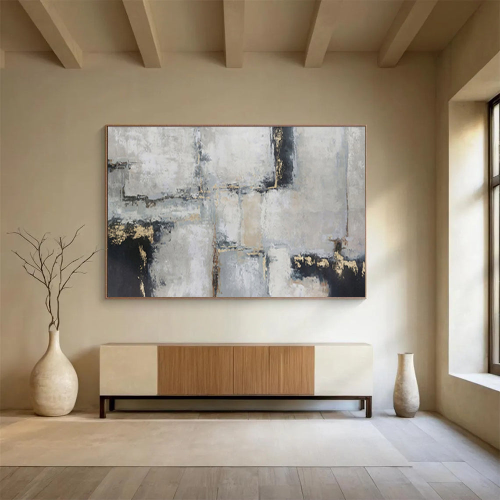 “Gray, Black & Gold Geometric Abstraction” Abstract Textured Painting On Canvas DKH351