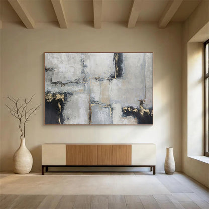 “Gray, Black & Gold Geometric Abstraction” Abstract Textured Painting On Canvas DKH351