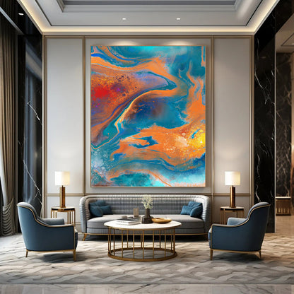 “Vibrant Fluid Abstraction” - Blue, Orange & Red Marbled - Effect Painting On Canvas DKH0940