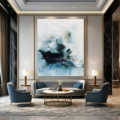 Black, Blue & White Ink - Like Flow - Abstract Painting On Canvas CT2305