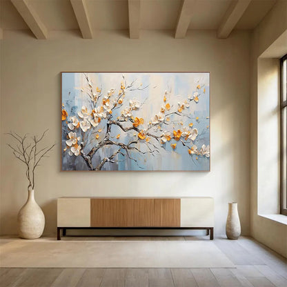 Blooming Tree with White and Orange Flowers - Impasto Floral Painting On Canvas DLZ202