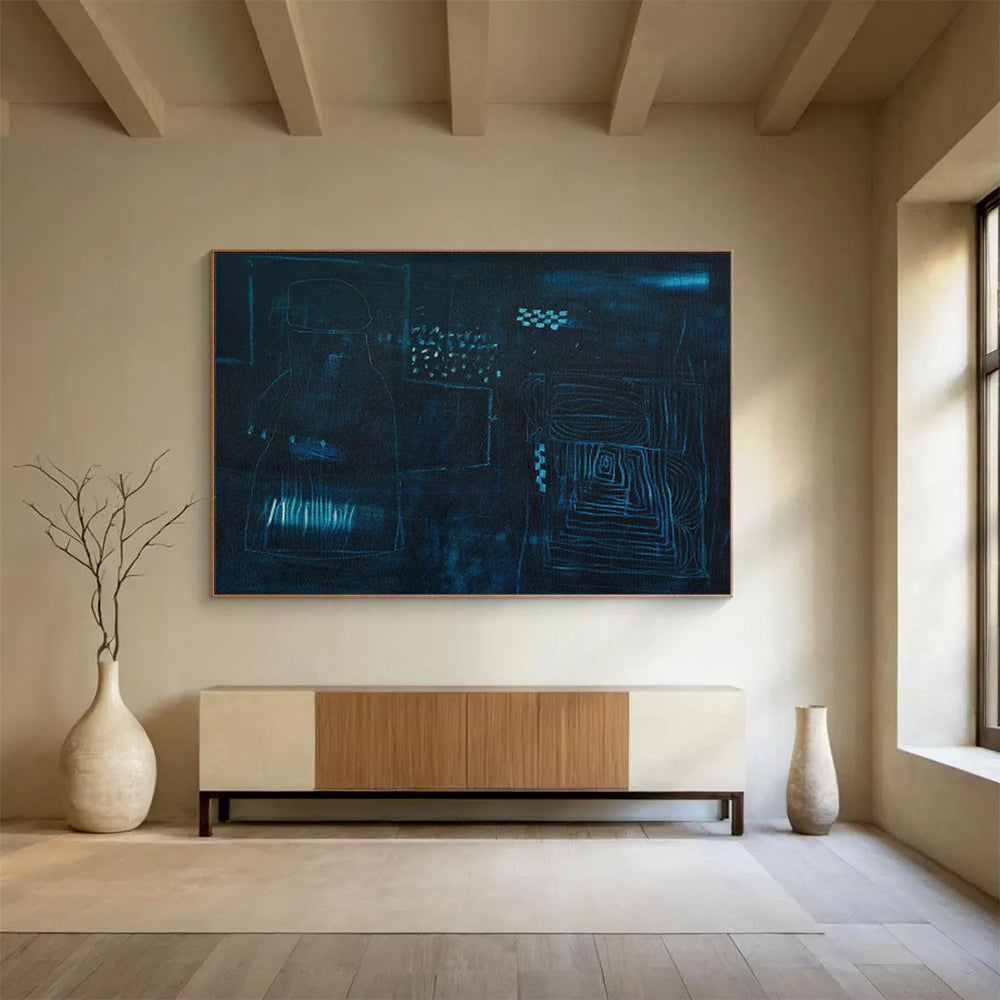 “Deep Blue Abstract Night Forms - Dark Blues and Subtle Lines” Painting On Canvas DKH023
