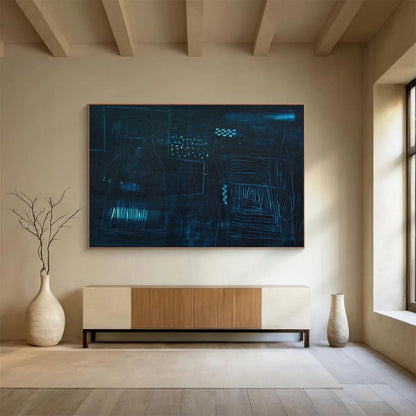 “Deep Blue Abstract Night Forms - Dark Blues and Subtle Lines” Painting On Canvas DKH023