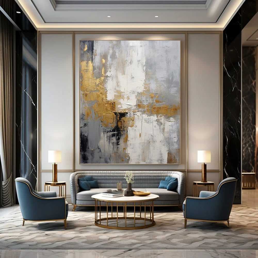 “Gilded Gray Abstraction” - Sophisticated Abstract Painting On Canvas DKH1062