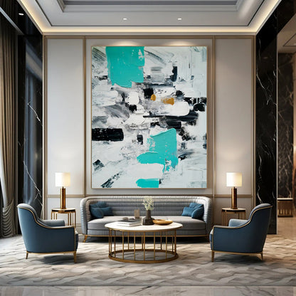 Turquoise, Gray, and Gold Abstract Blocks - Modern Abstract Painting On Canvas DKH1347