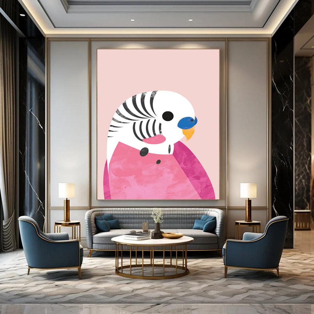 “Pink - Themed Parakeet” - Pink, White, Blue, Yellow Illustration - Style Painting On Canvas DTP227