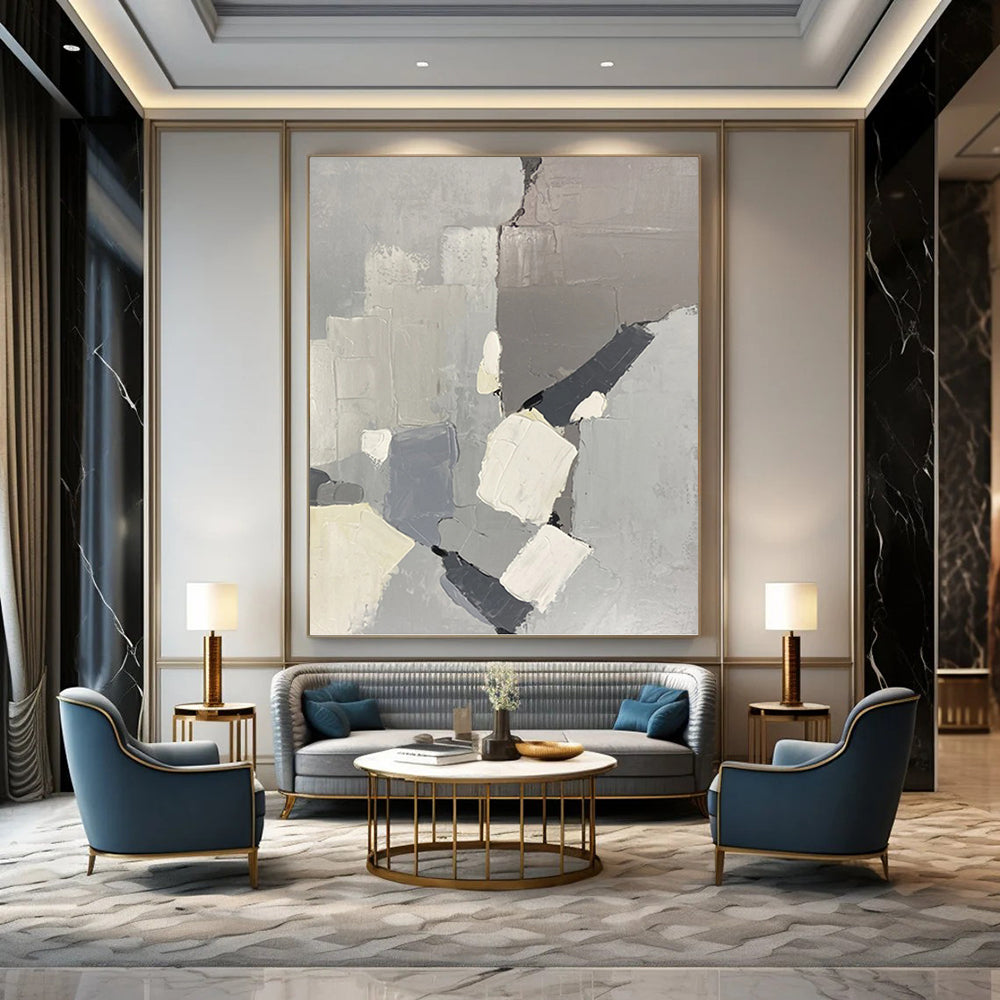 “Gray - Toned Geometric Abstraction” - Gray, White & Black Abstract Geometric Shapes Painting On Canvas DKH1586