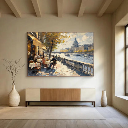 Parisian Riverside CafScene Painting On Canvas DKH666