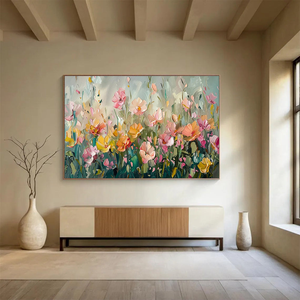 “Pastel Flower Field” - Soft - Hued, Textured Floral Impressionistic Painting On Canvas DKH709