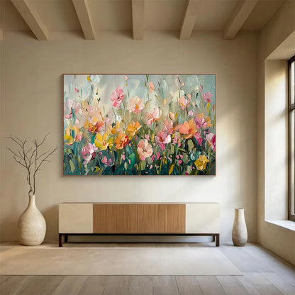 “Pastel Flower Field” - Soft - Hued, Textured Floral Impressionistic Painting On Canvas DKH709