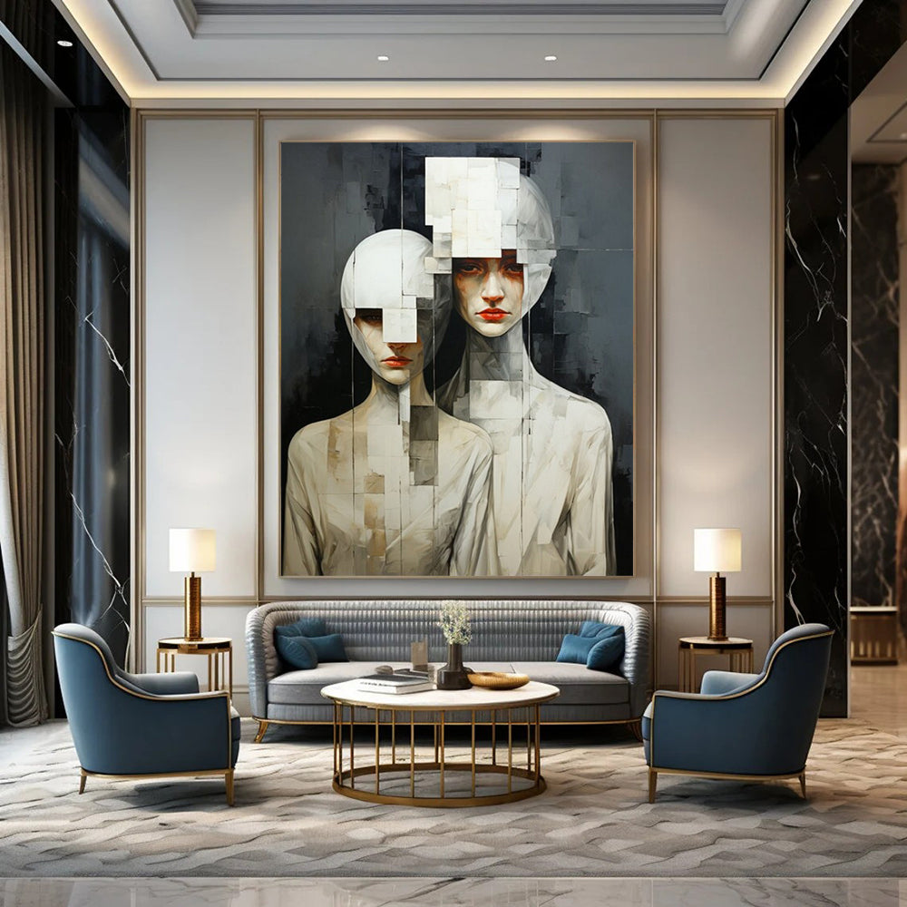 “Cubist Human Figures” - Gray & White Abstract Portrait Painting On Canvas CT2203