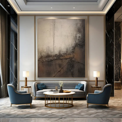 “Gray, Brown Textured Abstraction ‘Worn Narratives’” - Mixed - Media Abstract Painting On Canvas DTP355