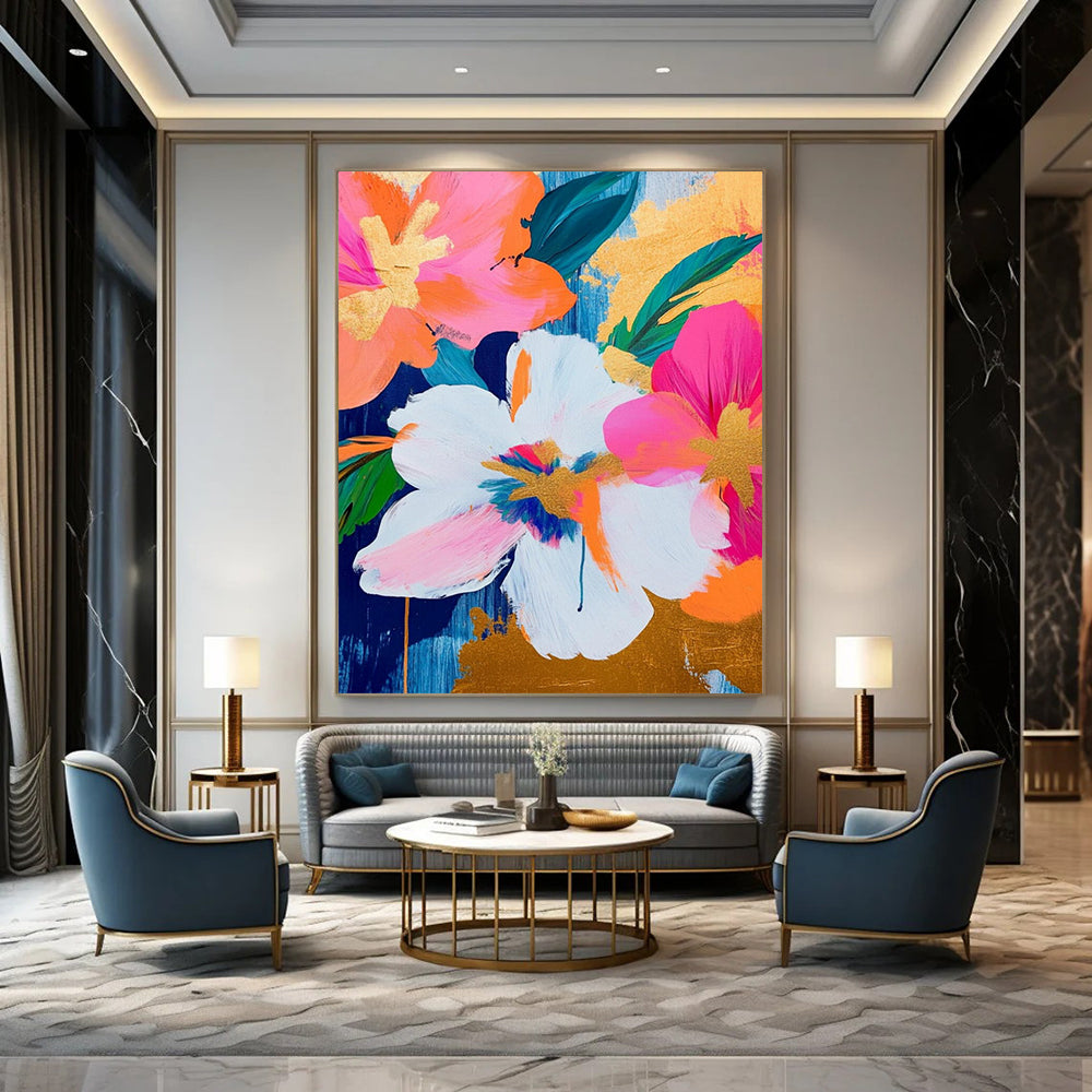 “Pink - Orange Gold Florals” - Pink, Orange, Gold Floral Bouquet Painting On Canvas DTP284