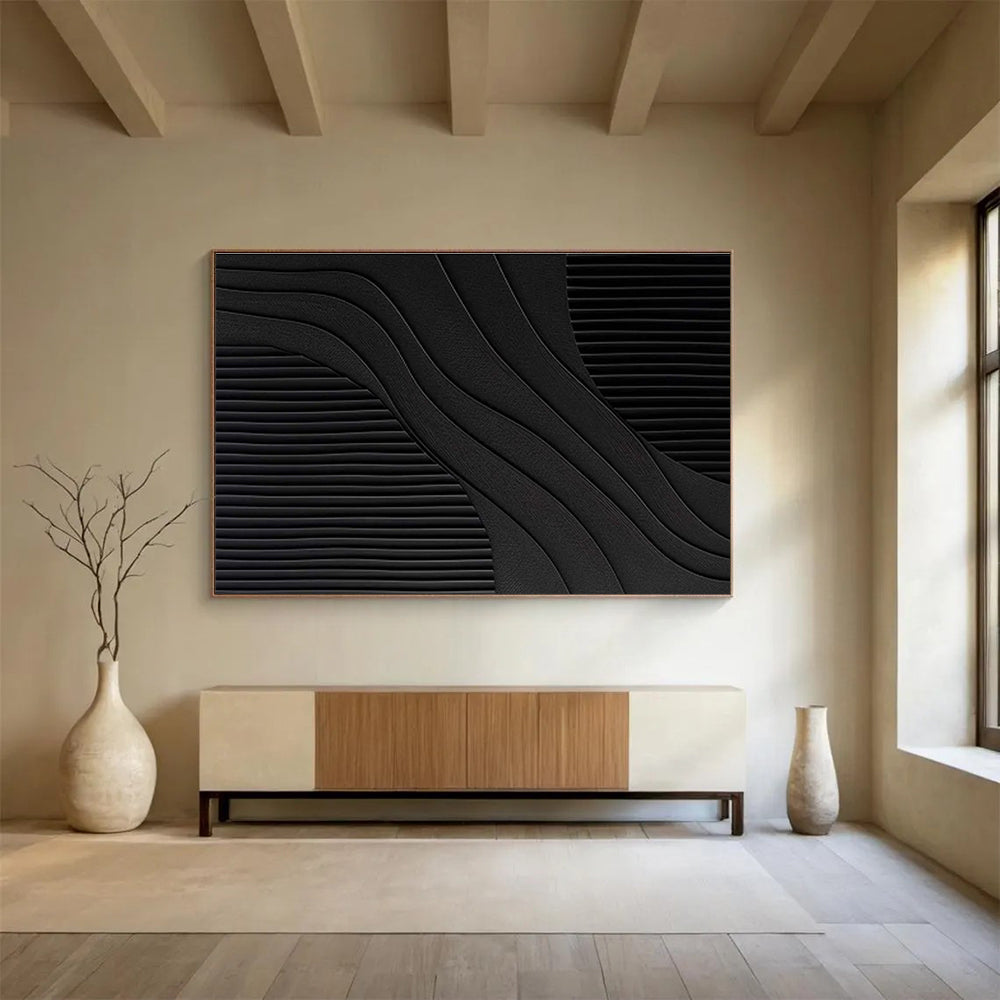 Black and White Textured Abstract “Curved Textured Contrast” Painting On Canvas DKH098