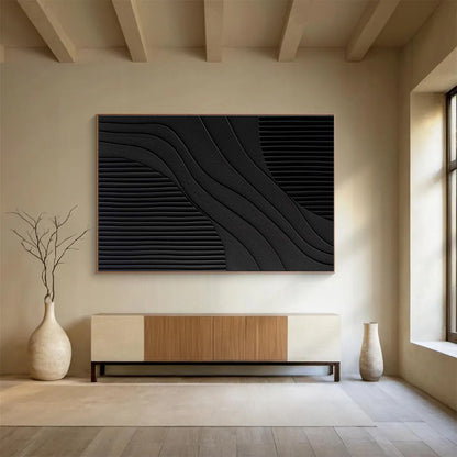 Black and White Textured Abstract “Curved Textured Contrast” Painting On Canvas DKH098