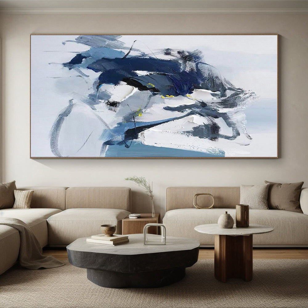 Blue, Gray, White & Yellow Abstract Forms, “Airy Motion” - Impasto Abstract Painting CT0780