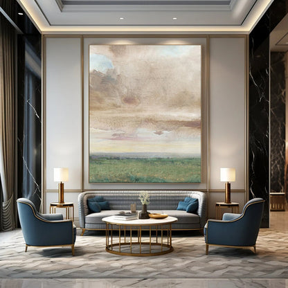 “Muted Sky Over Green Fields” – Watercolor Landscape Painting On Canvas CT2116