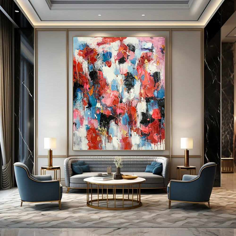 “Crimson & Blue Drip Symphony” - Red & Blue Abstract Expressionist Drip Painting On Canvas DKH1585