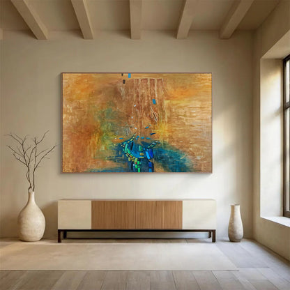 “Brown, Blue & Green Abstract Cascade” Abstract Surrealist Painting On Canvas DKH388