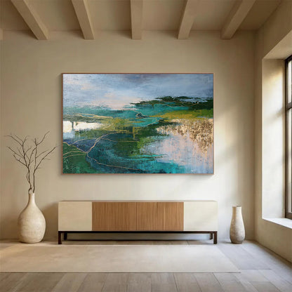Green and Blue Abstract Landscape with Gold “Mystic Nature’s Pathways” Painting On Canvas DKH129