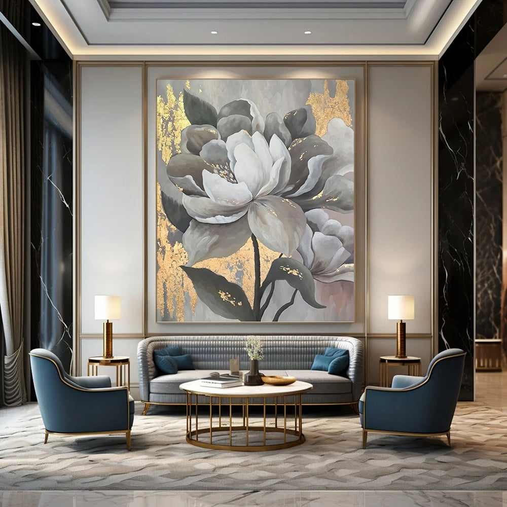 “Elegant Gray & Gold Flowers” - Modern Floral Painting On Canvas DKH1620