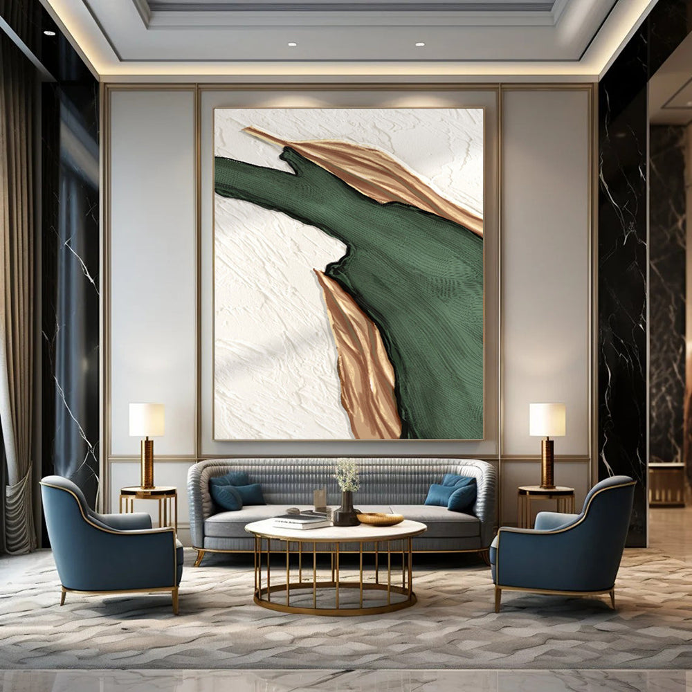 “Elegant Streaks” - Green & Gold Abstract Shapes Painting On Canvas DKH1507