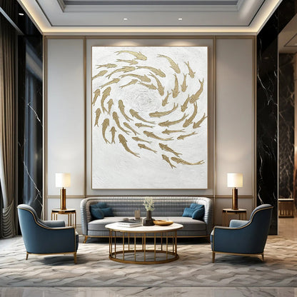 “Golden School” - White & Gold Textured Fish - Swarm Painting On Canvas DKH1544