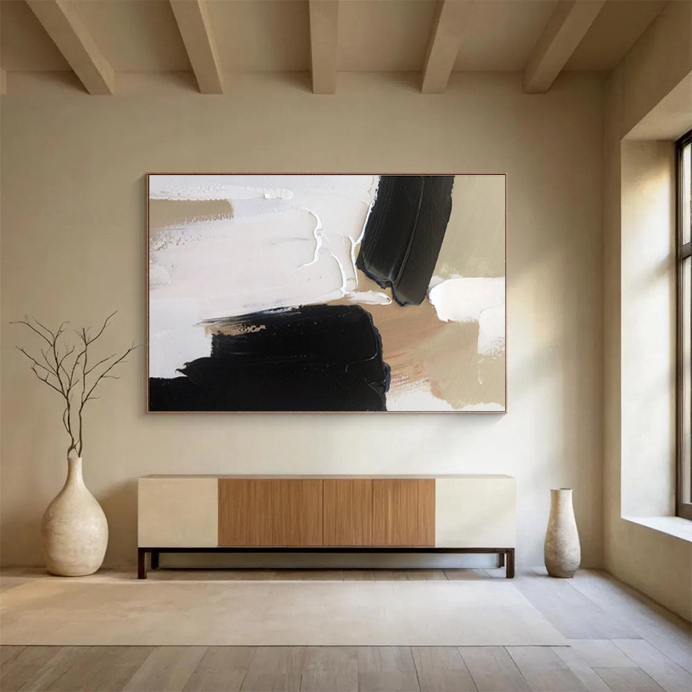 Bold Black and Beige Abstract Painting On Canvas DKH316