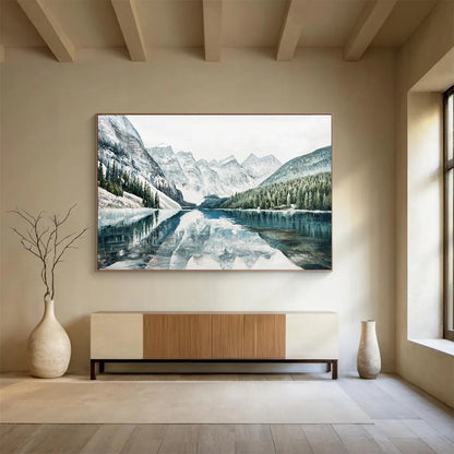 Blue and White Mountain Lake Reflection - Realist Landscape Painting On Canvas DLZ221