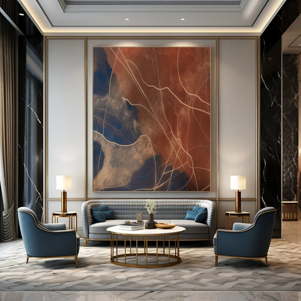 “Blue - Brown Line Abstract” - Minimalist Abstract Painting On Canvas DTP120