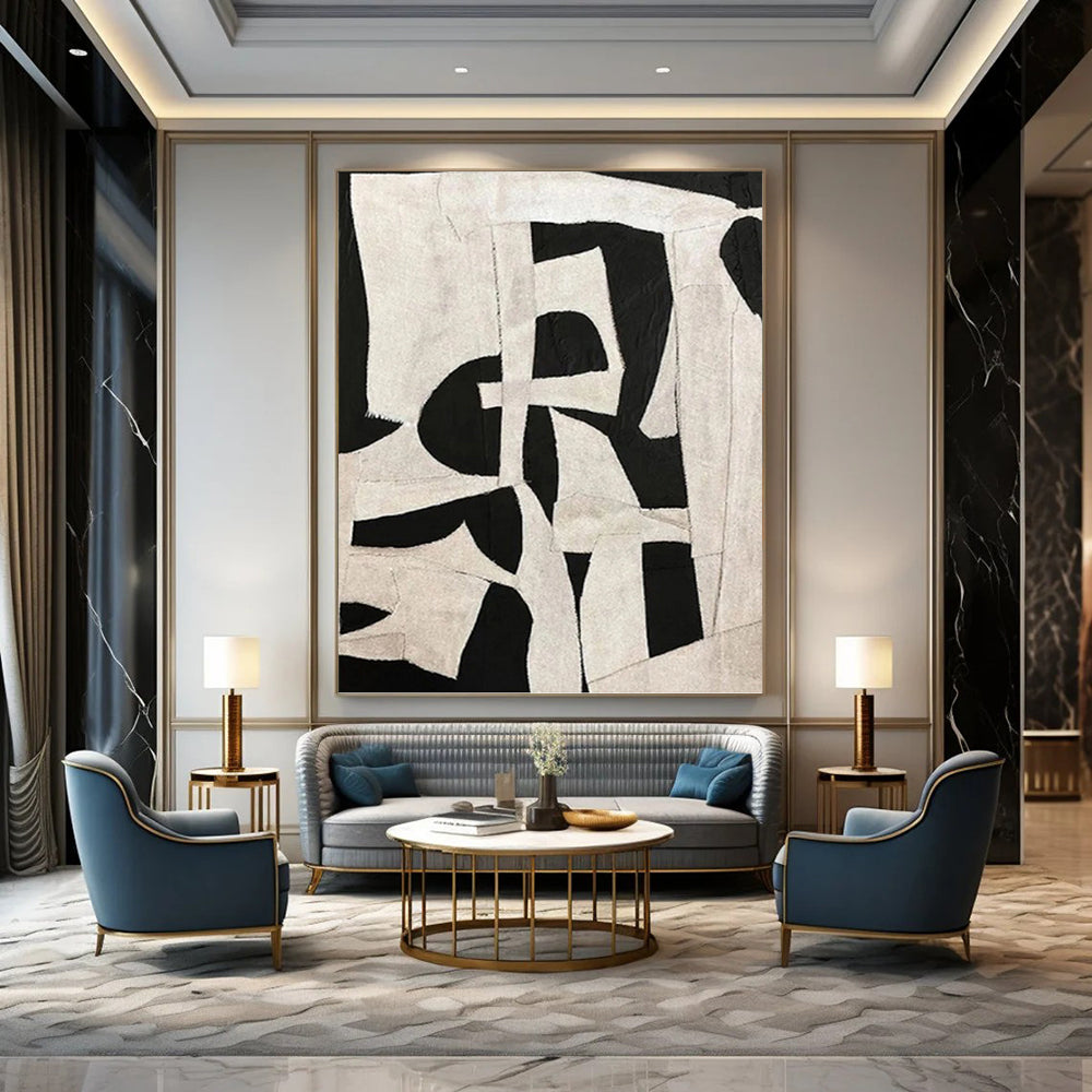 Black and White Patchwork - Abstract Shapes Painting On Canvas DKH1137