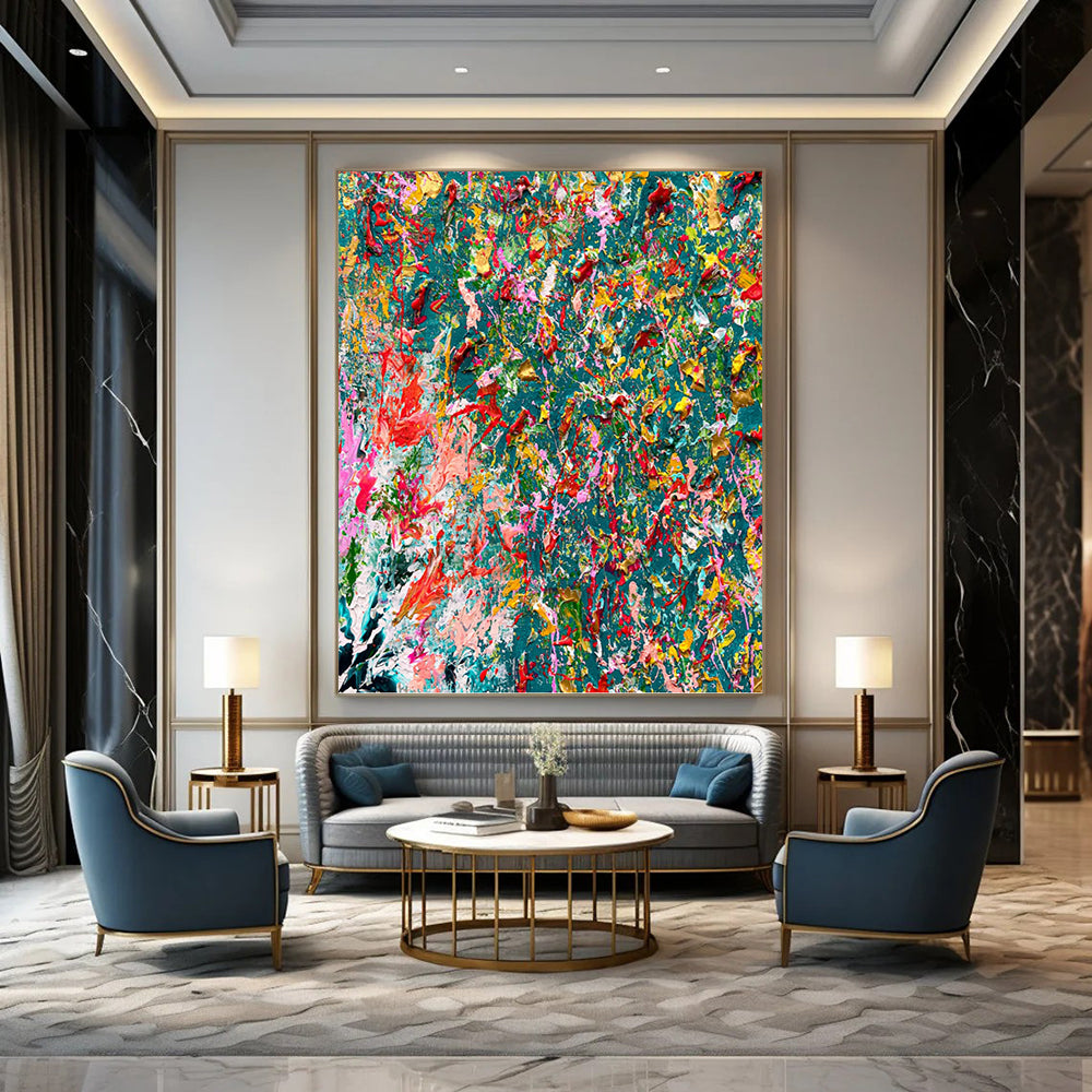 “Color Explosion on Teal” - Abstract Expressionist - Style Painting On Canvas DKH1682