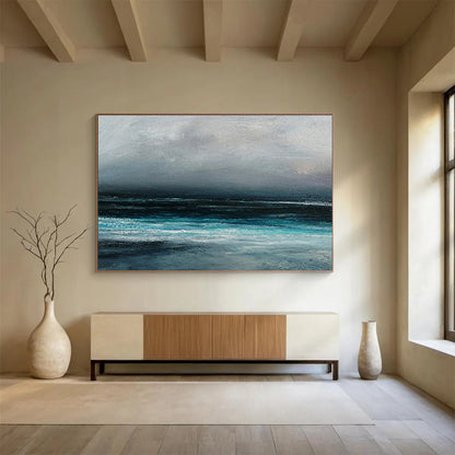 “Gray, Blue, Stormy Ocean ‘Dark Maritime Mood’” - Impressionist Seascape Painting On Canvas DLZ035