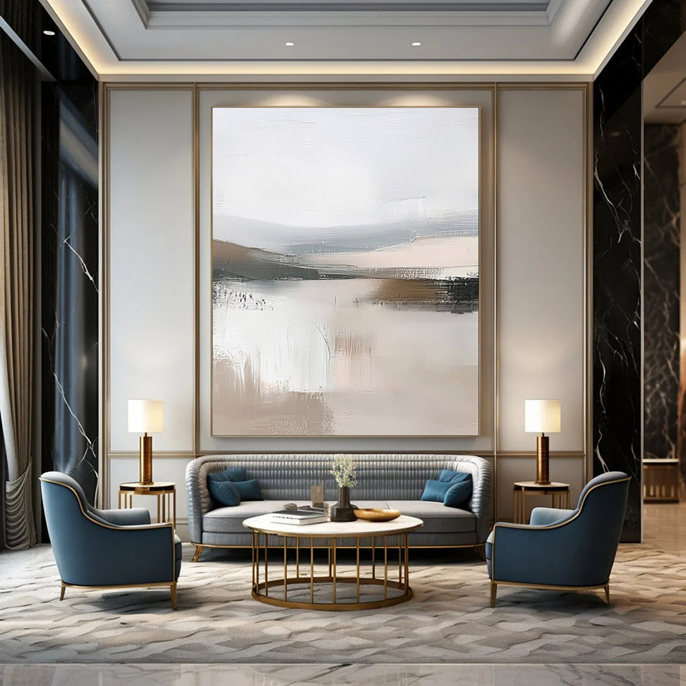 “Abstract Lake Reflections” – Modernist Landscape Oil Painting with Gray and Beige Textures CT2059