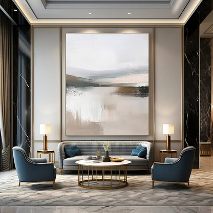 “Abstract Lake Reflections” – Modernist Landscape Oil Painting with Gray and Beige Textures CT2059