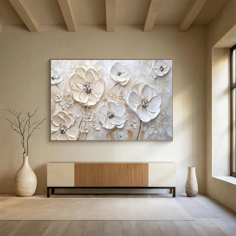 3D White Flowers - Beige & White Floral Painting On Canvas DKH906