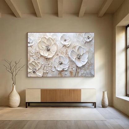 3D White Flowers - Beige & White Floral Painting On Canvas DKH906