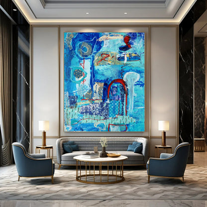 “Blue - Themed Abstract Collage” - Blue, Red, Gold Intricate Forms Painting On Canvas DTP296