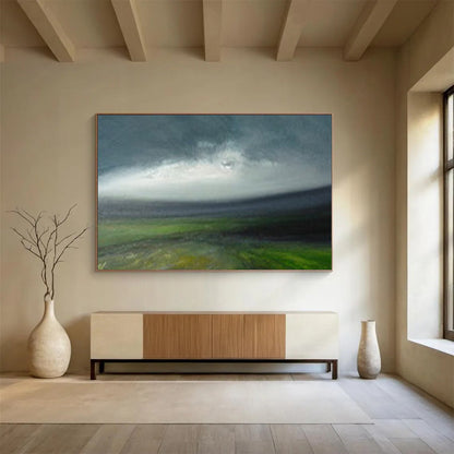 “Green, Gray, Blue Landscape ‘Moody Horizon’” - Abstract Landscape Painting On Canvas DLZ005
