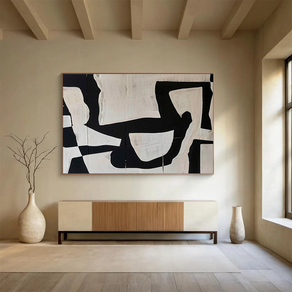 “Black & White Collage Abstraction” - Black, White Minimalist Collage Painting On Canvas DKH745