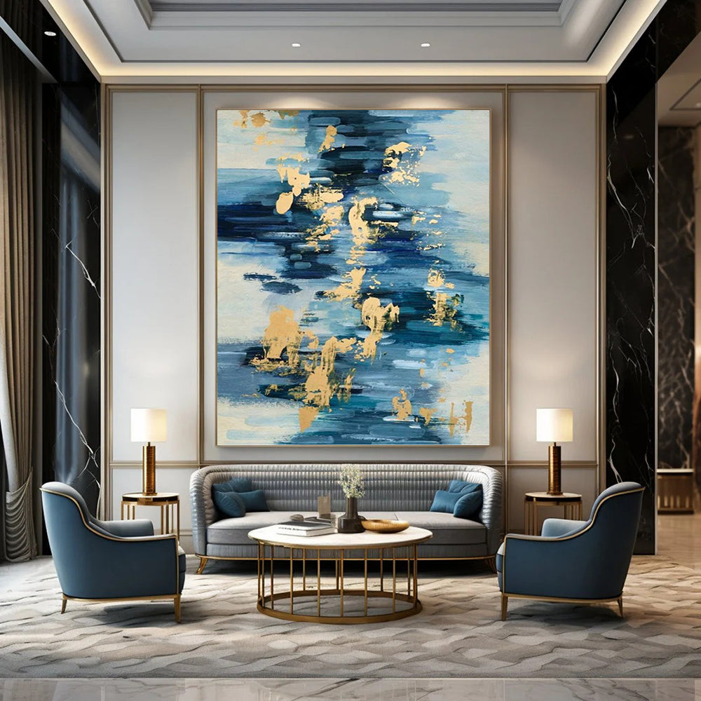 “Blue - Gold Fluid Reflections” - Blue, White & Gold Abstract Water - Inspired Painting On Canvas DKH0931